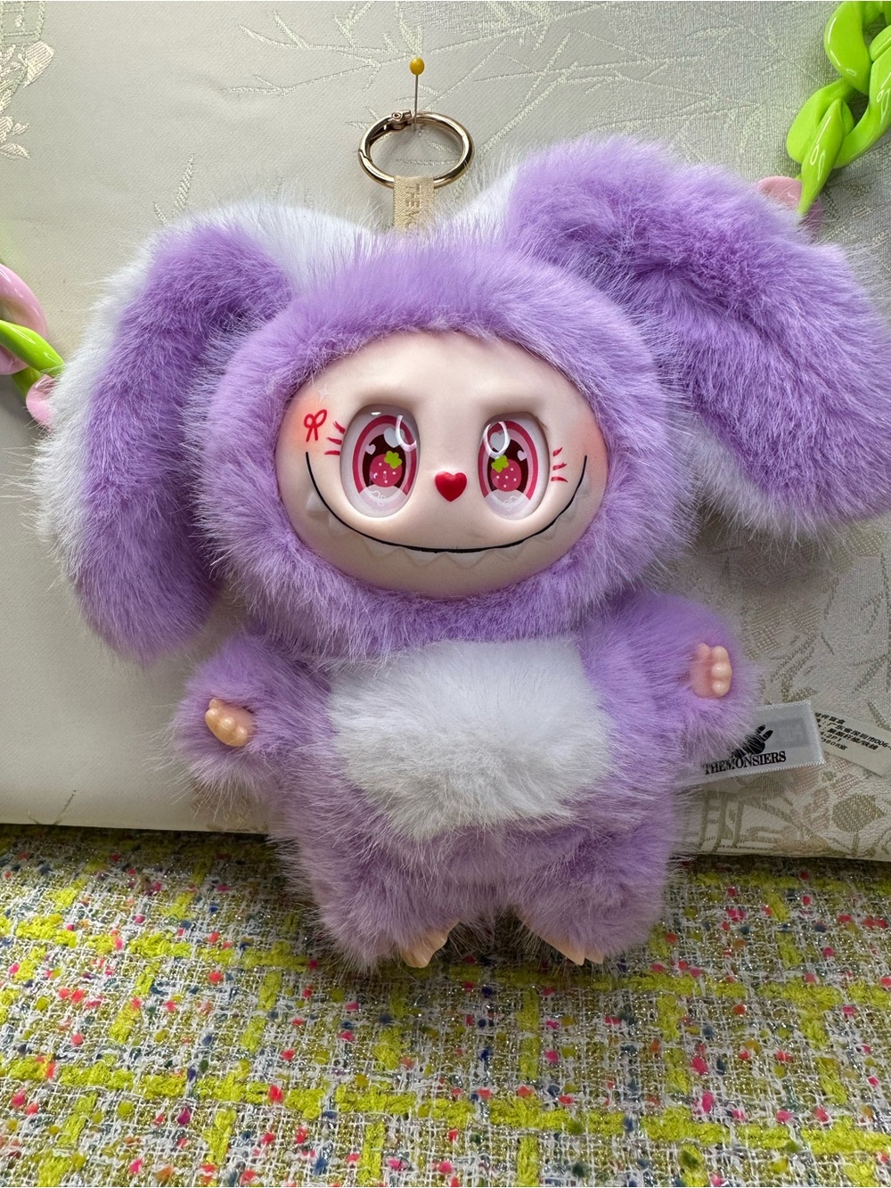 Plush Bunny Keychain with Pink Face and Lavender Fur